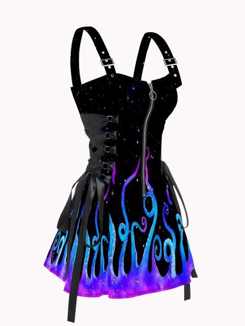 Galaxy Octopus Print Lace Up Mini Dress Half Zipper Adjustable Buckle Strap Dress