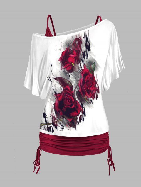 Rose Print Skew Neck T Shirt and Cinched Ruched Tank Top Colorblock Casual Set