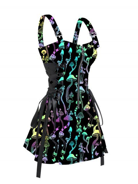 Mini-Robe à Bretelle Bouclée à Imprimé Papillon Etoile Champignon Psychédélique à Lacets
