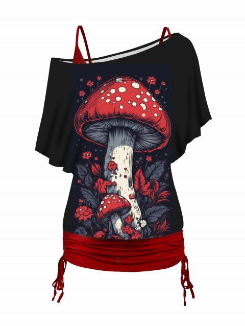 Mushroom Print Oblique Shoulder T Shirt and Cinched Ruched Tank Top Set