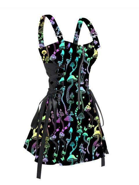 Lace Up Half Zipper Mini Dress Psychedelic Mushroom Butterfly Star Print Buckle Strap Dress