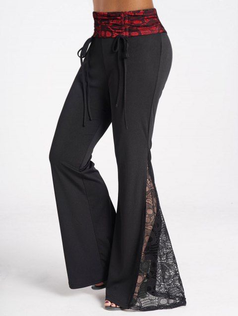 Pantalon Long Gothique Contrasté Crâne Panneau en Dentelle à Taille Haute