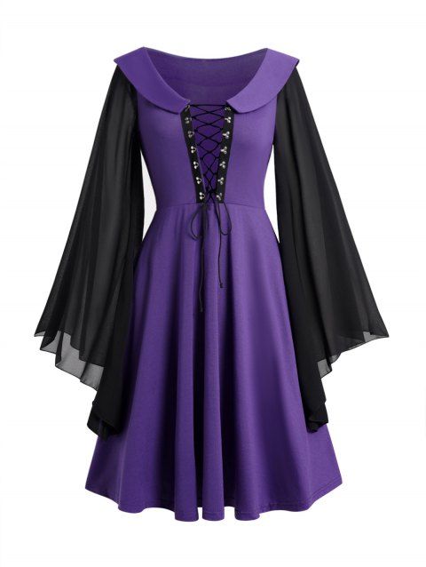 Gothic Chiffon Long Sleeve Mini Dress Lace Up Hasp Button High Waist Colorblock Dress