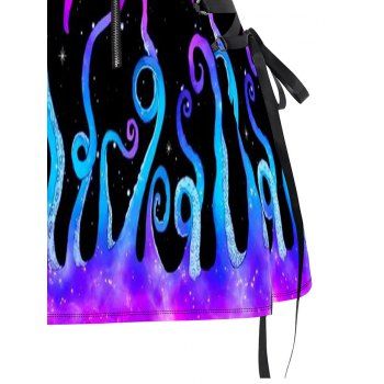 Galaxy Octopus Print Lace Up Mini Dress Half Zipper Adjustable Buckle Strap Dress