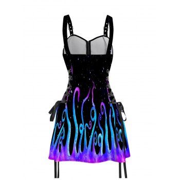 Galaxy Octopus Print Lace Up Mini Dress Half Zipper Adjustable Buckle Strap Dress 