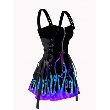 

Galaxy Octopus Print Lace Up Mini Dress Half Zipper Adjustable Buckle Strap Dress, Black