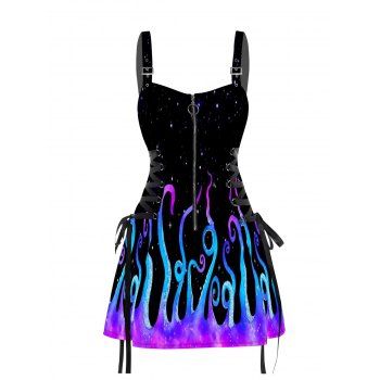 Galaxy Octopus Print Lace Up Mini Dress Half Zipper Adjustable Buckle Strap Dress 