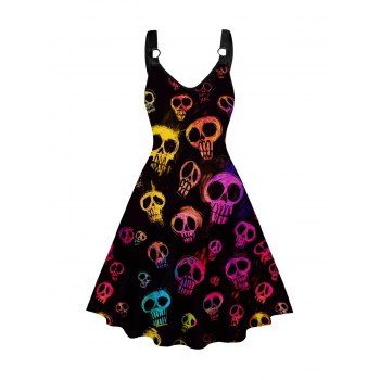 

Skull Print O Ring Gothic Style Straps Tank Dress Sleeveless A Line Dress, Black