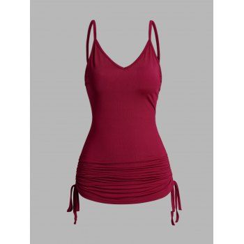 Rose Print Skew Neck T Shirt and Cinched Ruched Tank Top Colorblock Casual Set