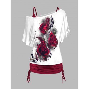 

Rose Print Skew Neck T Shirt and Cinched Ruched Tank Top Colorblock Casual Set, Deep red