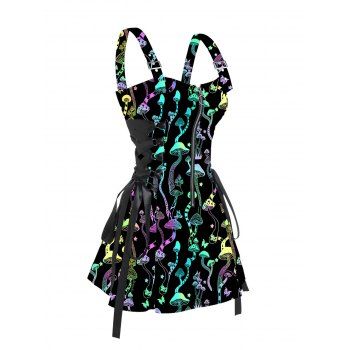 

Lace Up Half Zipper Mini Dress Psychedelic Mushroom Butterfly Star Print Buckle Strap Dress, Black