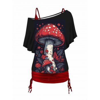 

Mushroom Print Oblique Shoulder T Shirt and Cinched Ruched Tank Top Set, Black