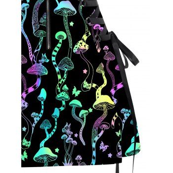 Lace Up Half Zipper Mini Dress Psychedelic Mushroom Butterfly Star Print Buckle Strap Dress