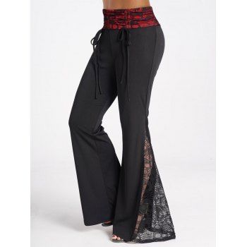 

Skull Lace Panel Gothic Flare Pants Cinched Contrast High Waist Long Pants, Black