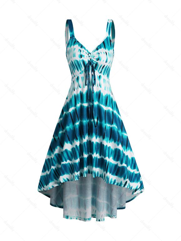 Tie Dye Cinched Tied High Low Midi Cami Dress - BLUE XL