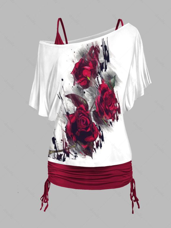 Rose Print Skew Neck T Shirt and Cinched Ruched Tank Top Colorblock Casual Set - DEEP RED XL