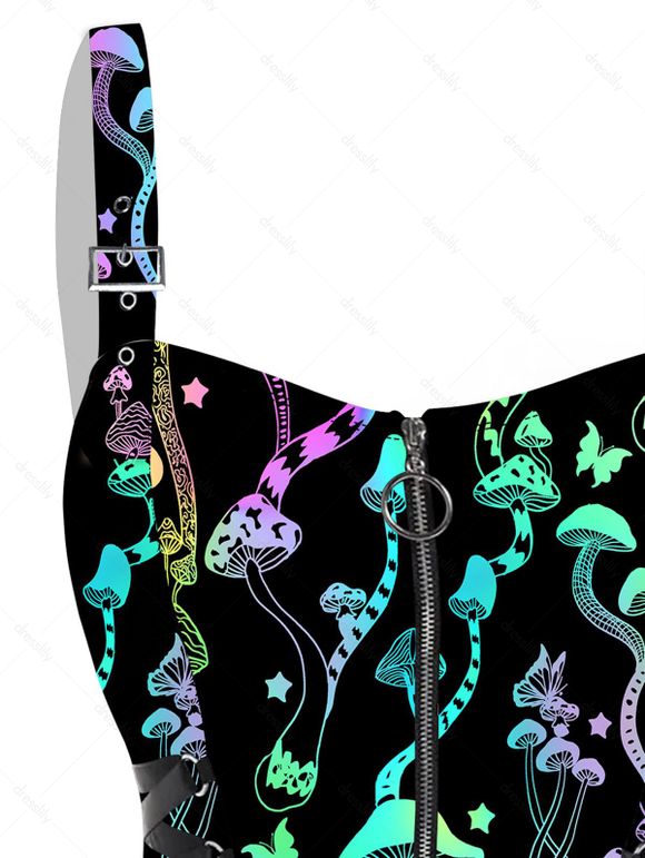 Mini-Robe à Bretelle Bouclée à Imprimé Papillon Etoile Champignon Psychédélique à Lacets - Noir XL