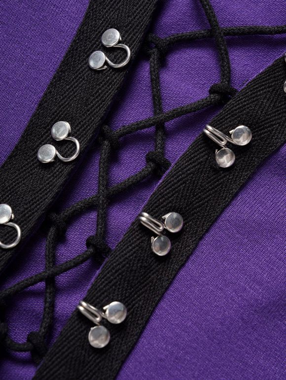 Mini Robe en Blocs de Couleurs Gothique Boutonnée à Taille Haute en Mousseline à Lacets - Pourpre S