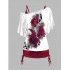 Rose Print Skew Neck T Shirt and Cinched Ruched Tank Top Colorblock Casual Set