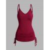 Rose Print Skew Neck T Shirt and Cinched Ruched Tank Top Colorblock Casual Set - DEEP RED XL