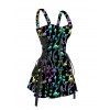 Lace Up Half Zipper Mini Dress Psychedelic Mushroom Butterfly Star Print Buckle Strap Dress - BLACK M