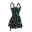 Lace Up Half Zipper Mini Dress Psychedelic Mushroom Butterfly Star Print Buckle Strap Dress - BLACK M