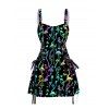 Lace Up Half Zipper Mini Dress Psychedelic Mushroom Butterfly Star Print Buckle Strap Dress - BLACK M