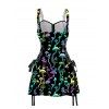 Lace Up Half Zipper Mini Dress Psychedelic Mushroom Butterfly Star Print Buckle Strap Dress - BLACK M