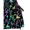 Lace Up Half Zipper Mini Dress Psychedelic Mushroom Butterfly Star Print Buckle Strap Dress - BLACK M