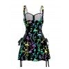 Lace Up Half Zipper Mini Dress Psychedelic Mushroom Butterfly Star Print Buckle Strap Dress - BLACK XXL