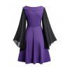 Gothic Chiffon Long Sleeve Mini Dress Lace Up Hasp Button High Waist Colorblock Dress - PURPLE XXL