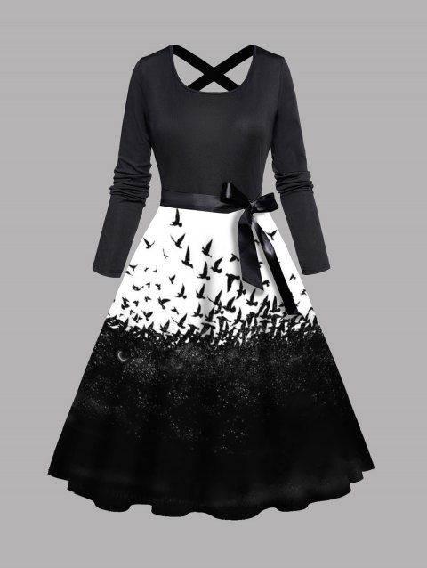 Crow Print Belt Halloween Dress Colorblock Criss Cross A Line Midi Dress