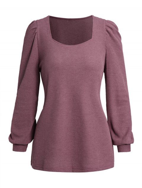 Square Neck Textured Top Plain Color Long Sleeve Casual Top