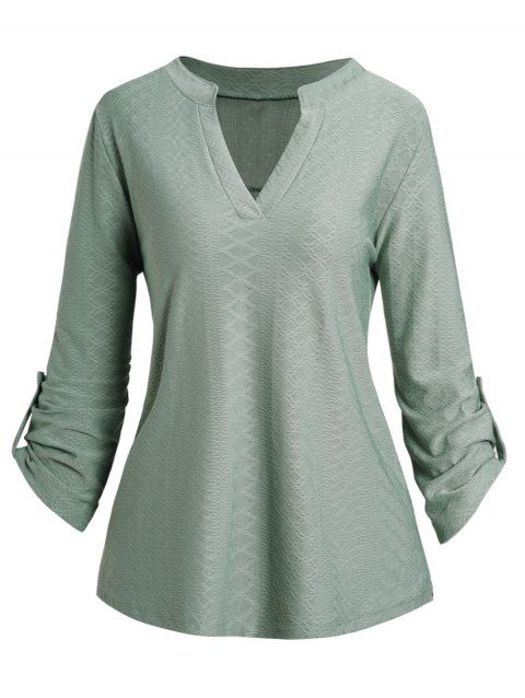 V Notched Textured Top Plain Color Long Sleeve Casual Top