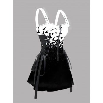 

Crow Print Halloween Dress Colorblock Lace Up Zip Front Mini Dress, Black