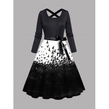 

Crow Print Belt Halloween Dress Colorblock Criss Cross A Line Midi Dress, Black