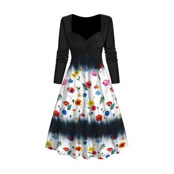 

Floral Print Crossover Dress Sweetheart Collar Long Sleeve A Line Midi Dress, Black