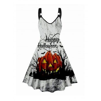 

Slogan and Pumpkin Print Halloween Dress O Ring V Neck Sleeveless Midi Dress, Light gray