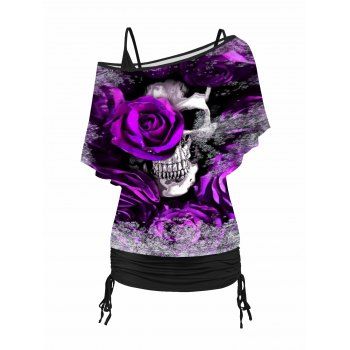 

Skull and Rose Print Skew Neck Halloween T Shirt and Cinched Ruched Camisole Set, Purple