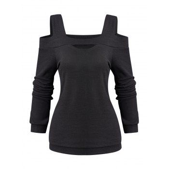 

Plain Color Cut Out Top Cold Shoulder Long Sleeve Trendy Top, Black