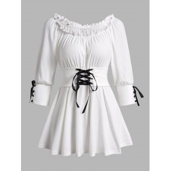 

Lace Up Ruffle Trim Top Plain Color Round Neck Trendy Top, White