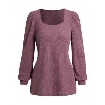 

Square Neck Textured Top Plain Color Long Sleeve Casual Top, Concord