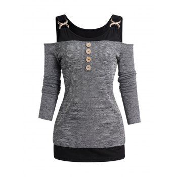 

Patchwork Knit Top Cold Shoulder Mock Button Metal Decor Faux Twinset Top, Gray