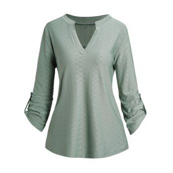 

V Notched Textured Top Plain Color Long Sleeve Casual Top, Light green