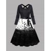 Robe D'Halloween Mi-Longue Ligne A en Blocs de Couleurs à Imprimé Squelette et Corbeau - Noir S