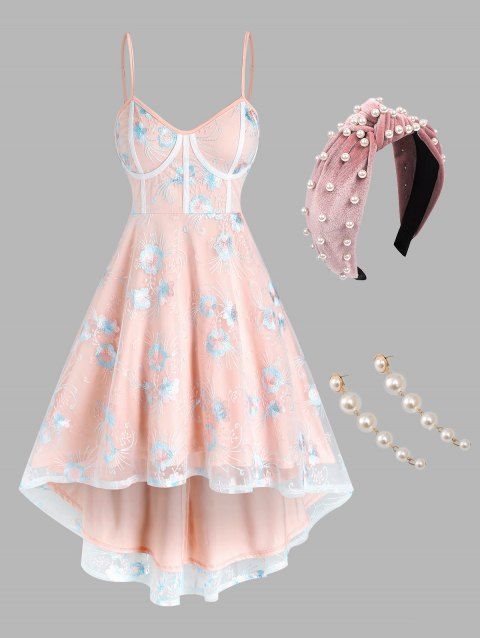 Flower Embroidered Mesh Overlay High Low Dress and Elegant Drop Earrings Wide Hairband Outfit
