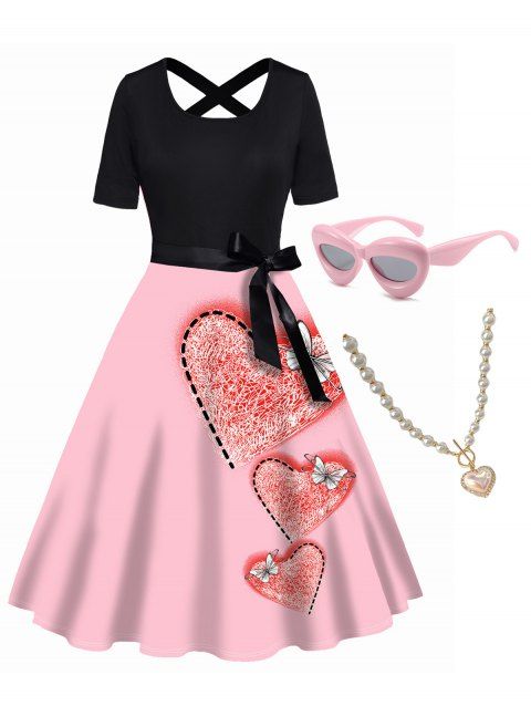 Valentine Heart Butterfly Print Dress and Faux Pearl Necklace Oval Shaped Sunglasses Outfit