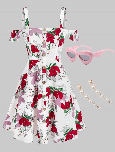 Ruffled Floral Print Mini Dress and Elegant Drop Earrings Oval Shaped Sunglasses Outfit