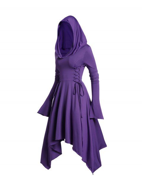 Lace Up Halloween Hooded Dress Multi Usage Handkerchief Hem Gothic Mini Dress