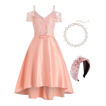 

Lace Panel Bowknot Prom Party Dress and Faux Pearl Wide Hairband Choker Necklace Outfit, Multicolor